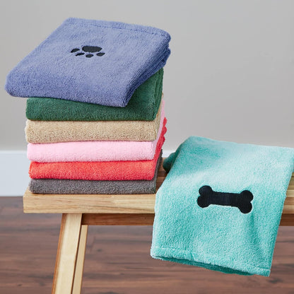 Pet Drying Collection Embroidered Terry Microfiber, Towel X-Large, 41X23.5", Taupe with Black Paw Print