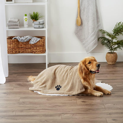 Pet Drying Collection Embroidered Terry Microfiber, Towel X-Large, 41X23.5", Taupe with Black Paw Print