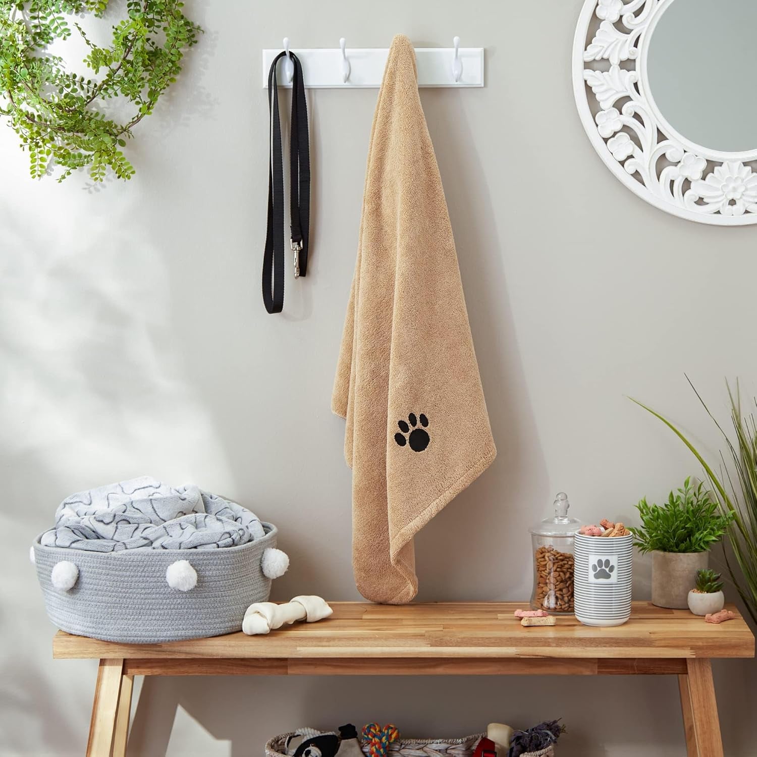 Pet Drying Collection Embroidered Terry Microfiber, Towel X-Large, 41X23.5", Taupe with Black Paw Print
