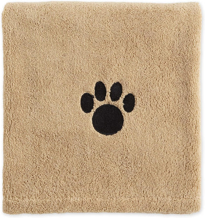 Pet Drying Collection Embroidered Terry Microfiber, Towel X-Large, 41X23.5", Taupe with Black Paw Print